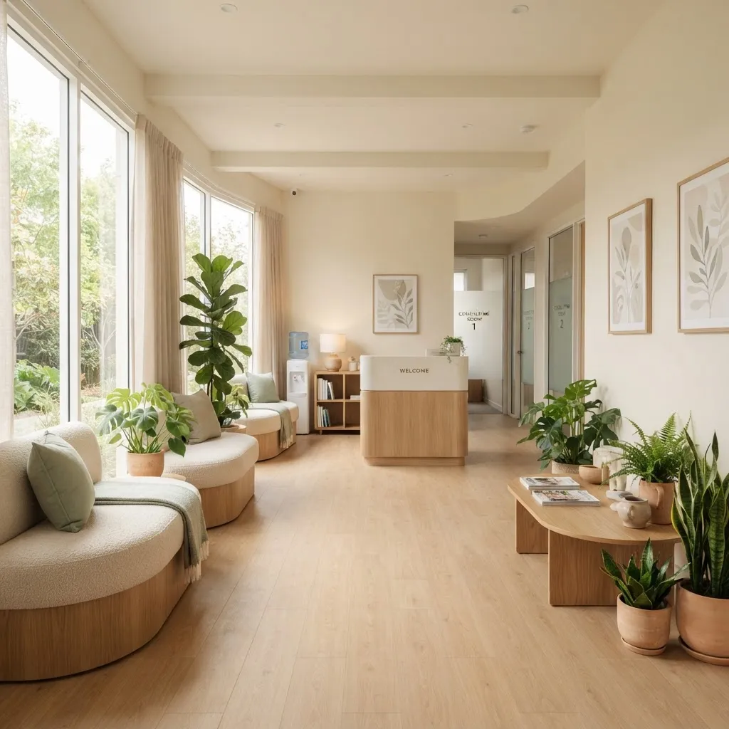 木の家具と観葉植物にかこまれた明るいクリニックの待合室
