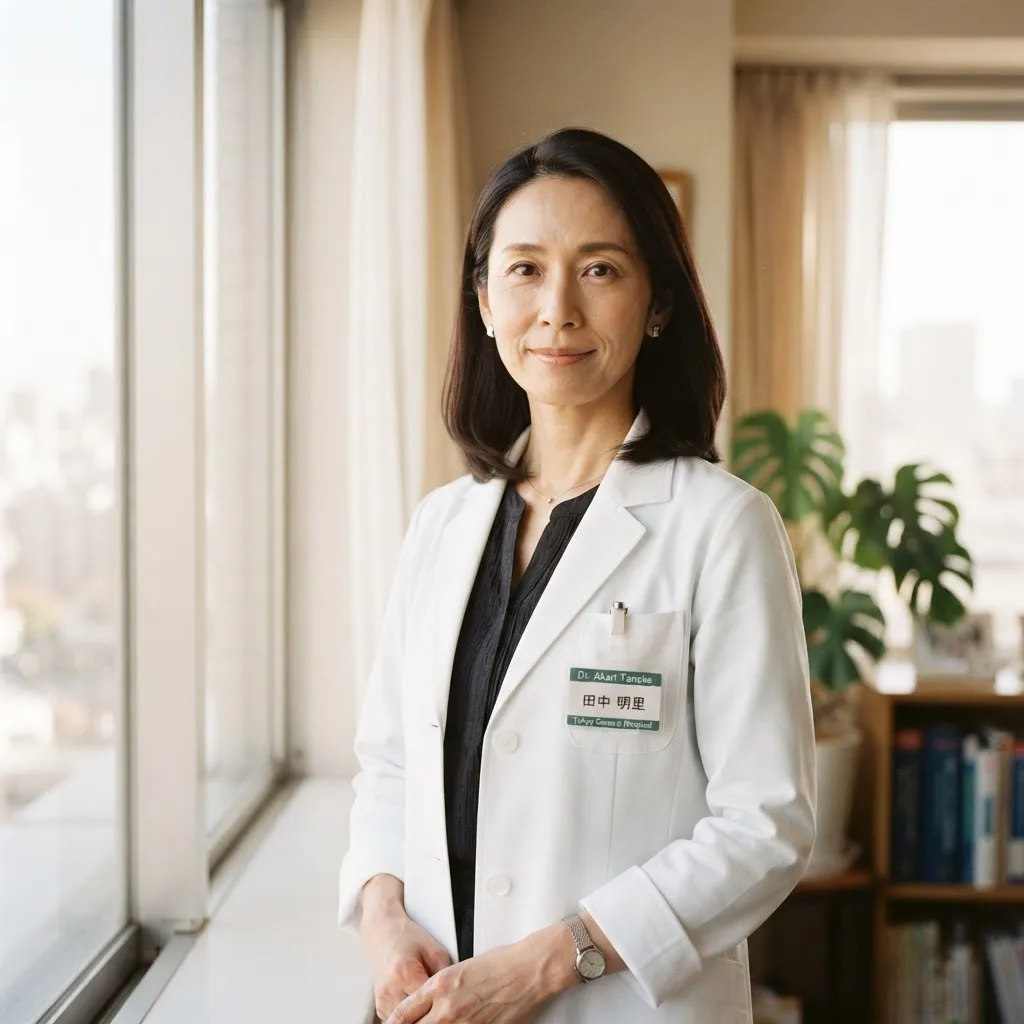 窓辺で自然光を受ける院長 森田陽子の白衣姿のポートレート