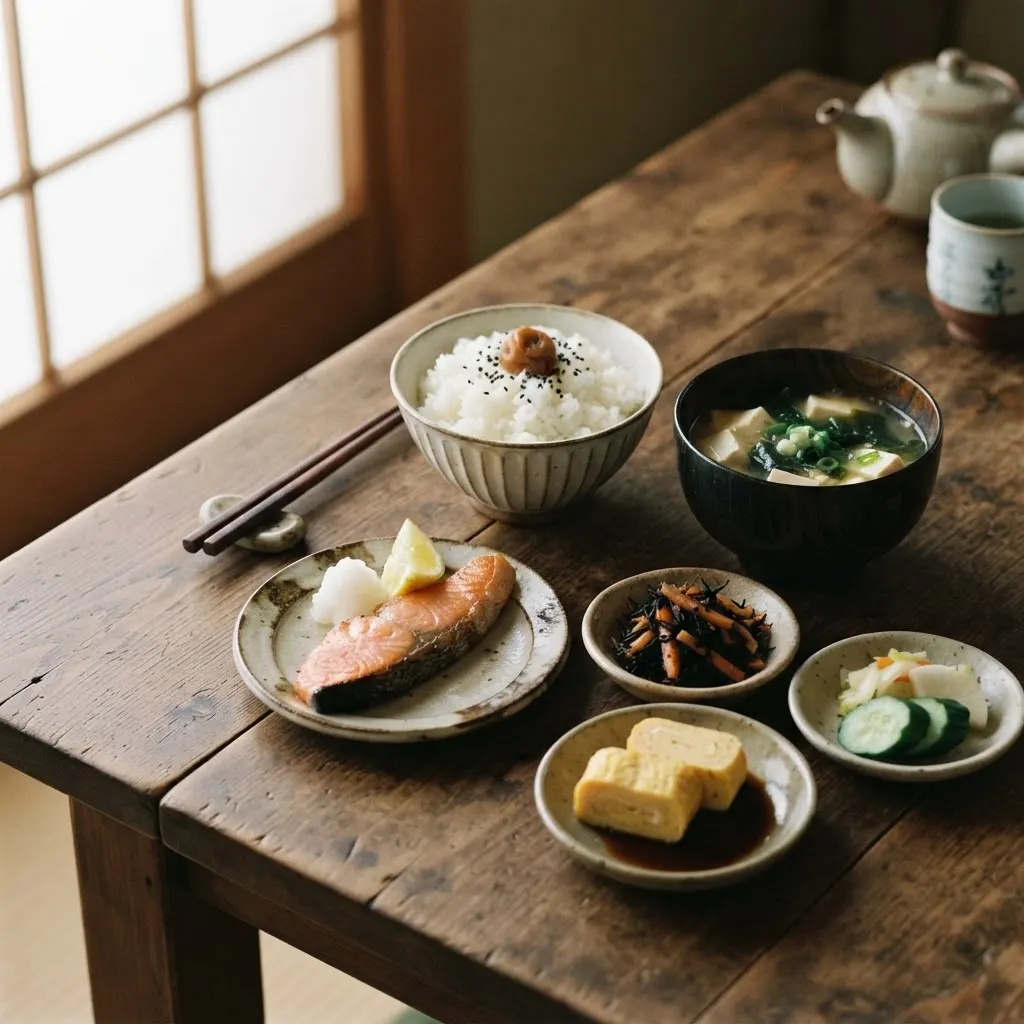 郡上味噌の味噌汁と地元産卵の朝食
