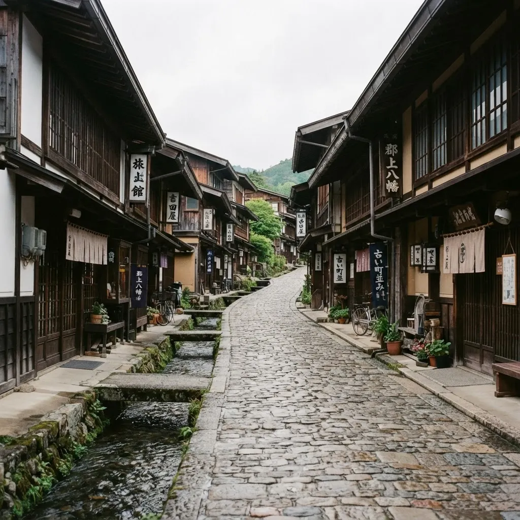 Narrow street lined with traditional wooden buildings