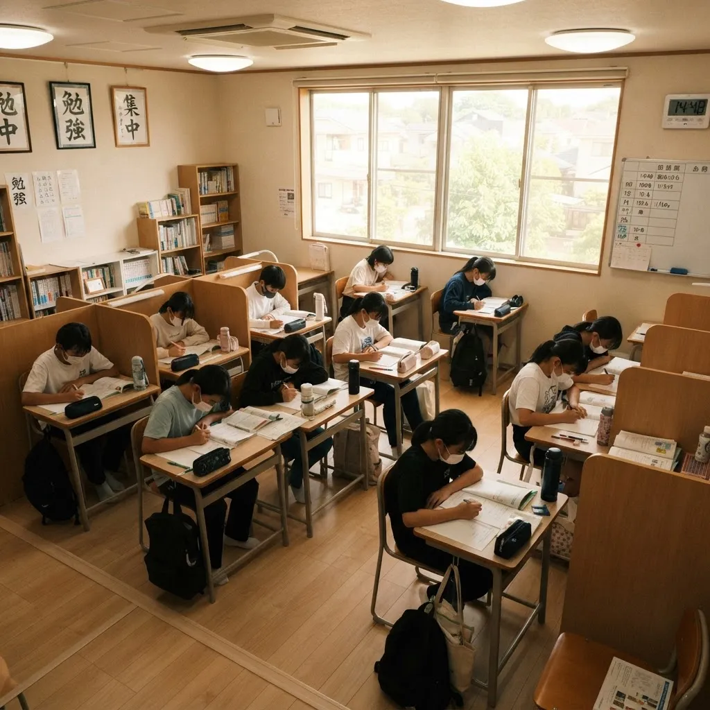 整理整頓された明るい自習室で、複数の生徒がそれぞれ静かに集中して勉強している様子