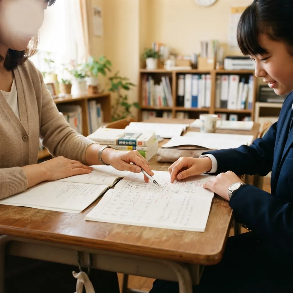 机を挟んで生徒の手元を指さしながら教える、あおば個別指導塾の講師