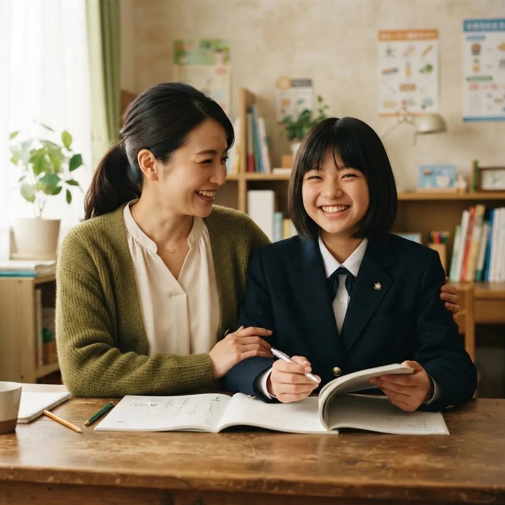 同じ担当講師と生徒が笑顔で並ぶ様子