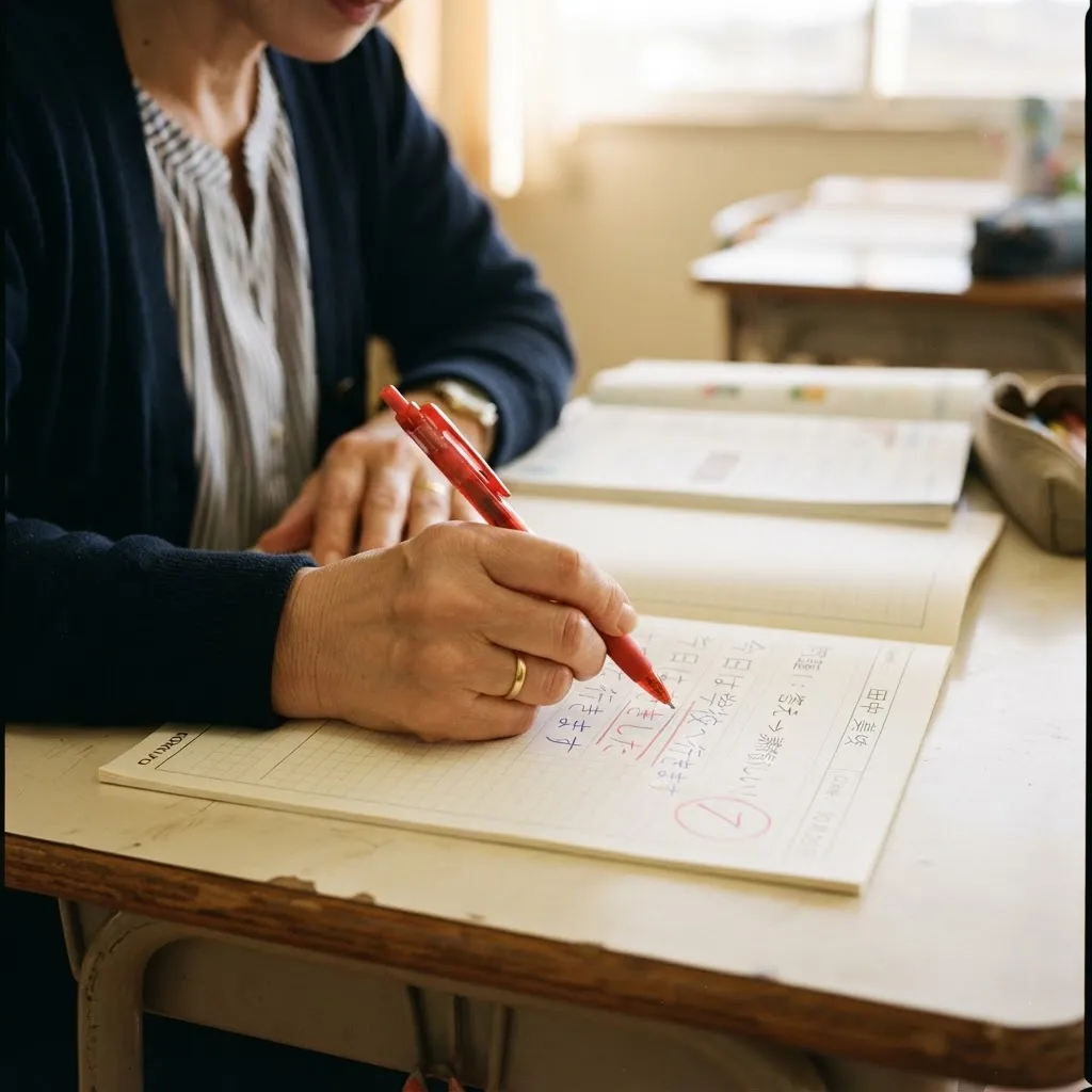 ノートに赤ペンで書き込む講師の手元と花丸