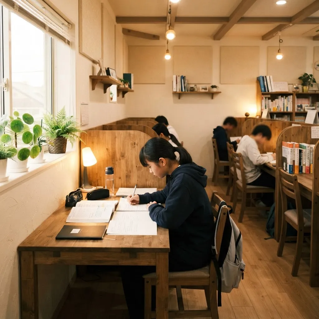 木目とグリーンの内装であたたかい照明の自習室