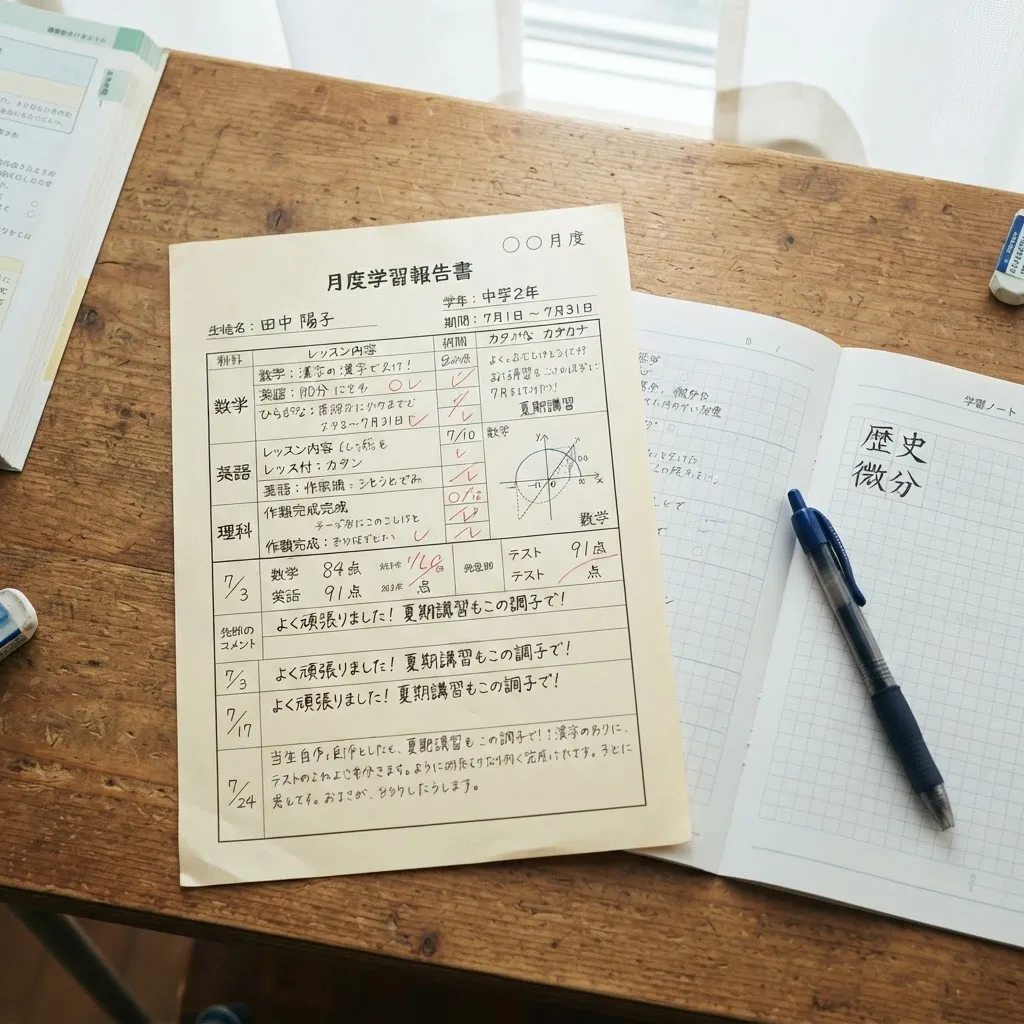 手書きの学習レポートを俯瞰で写した様子