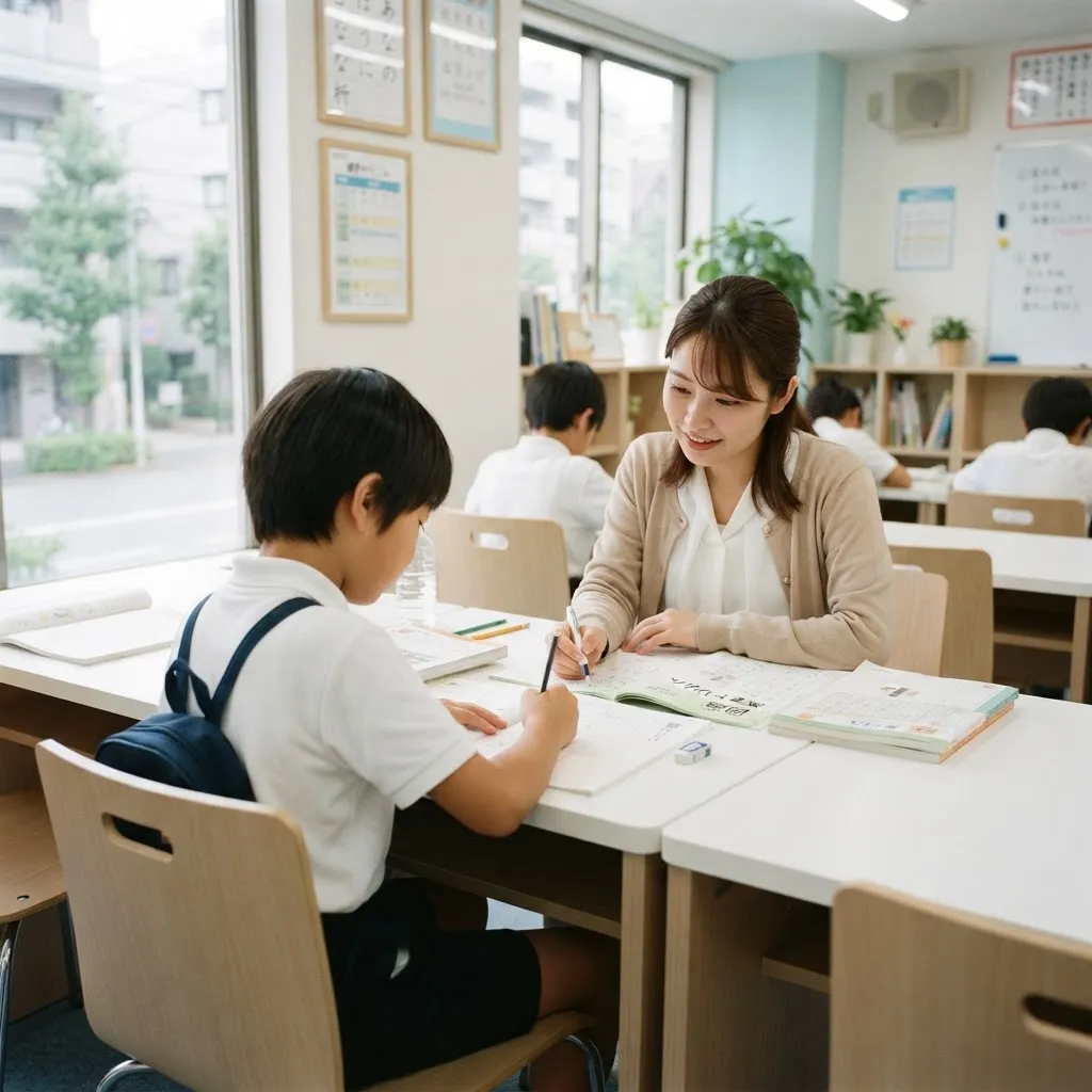 明るい教室で個別指導を受ける小学生