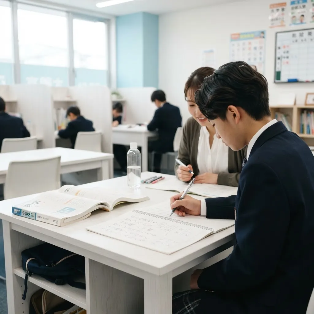 ノートに書き込みながら個別指導を受ける中学生