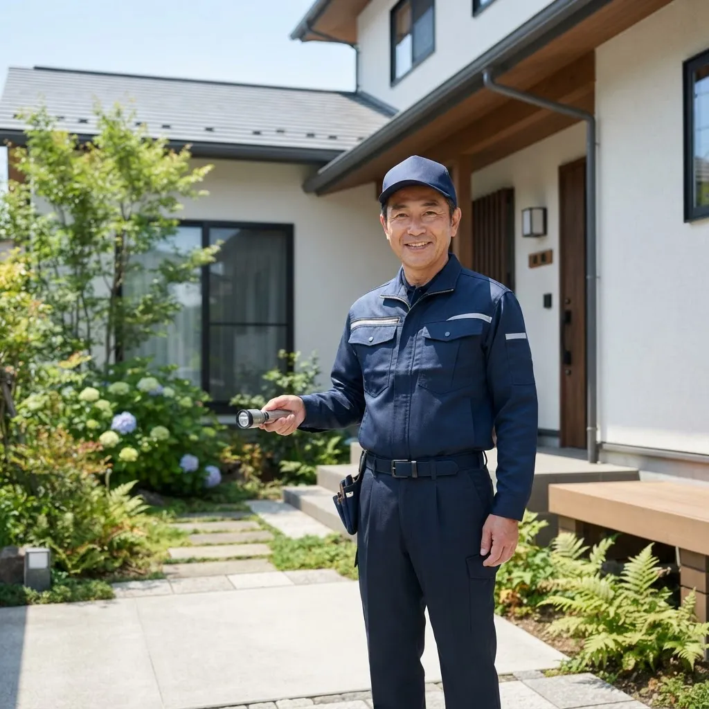 害虫害獣の点検を行う作業員と戸建て住宅