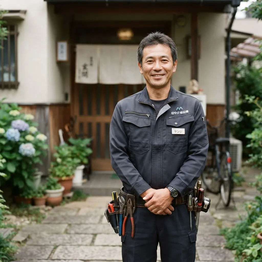 作業着姿で玄関先に立ち、微笑む水道職人 田中太一