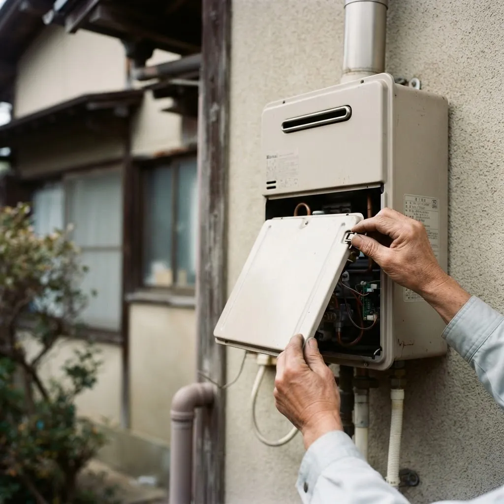 屋外設置の給湯器の点検パネルを開いて確認する手元