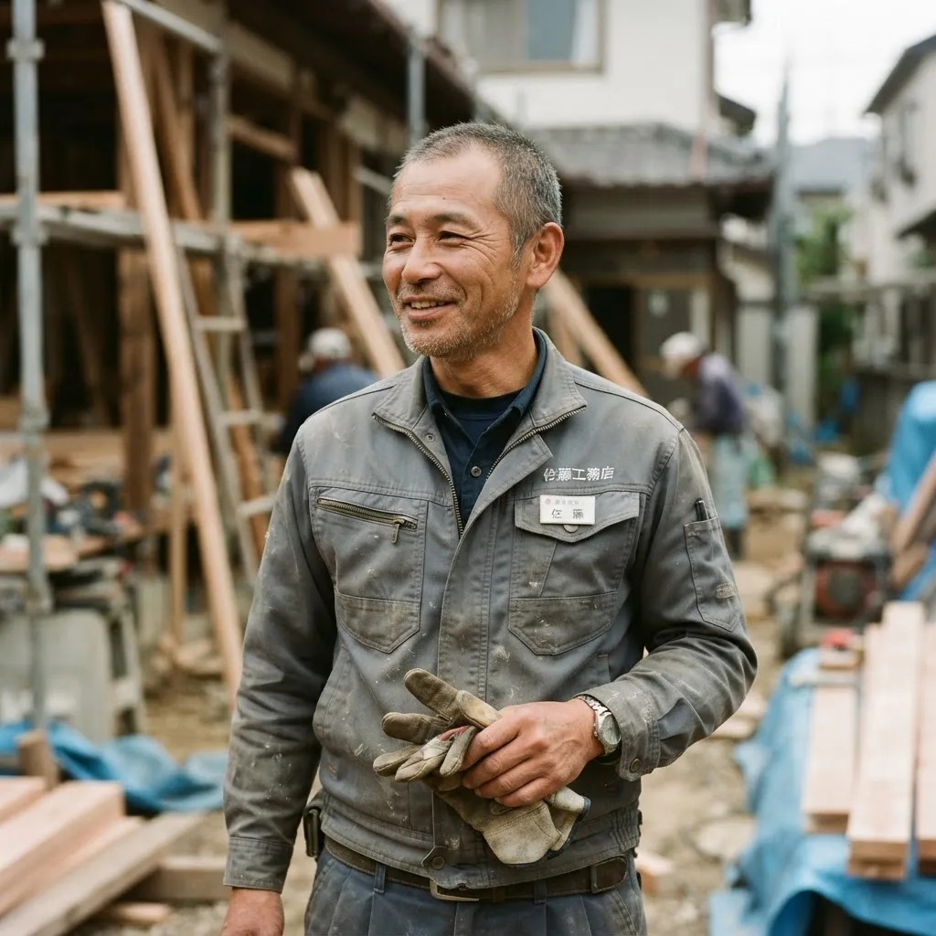 まちの直し屋 くろだの職人・黒田誠。作業着姿で軍手を手に持ち、現場を背にしている