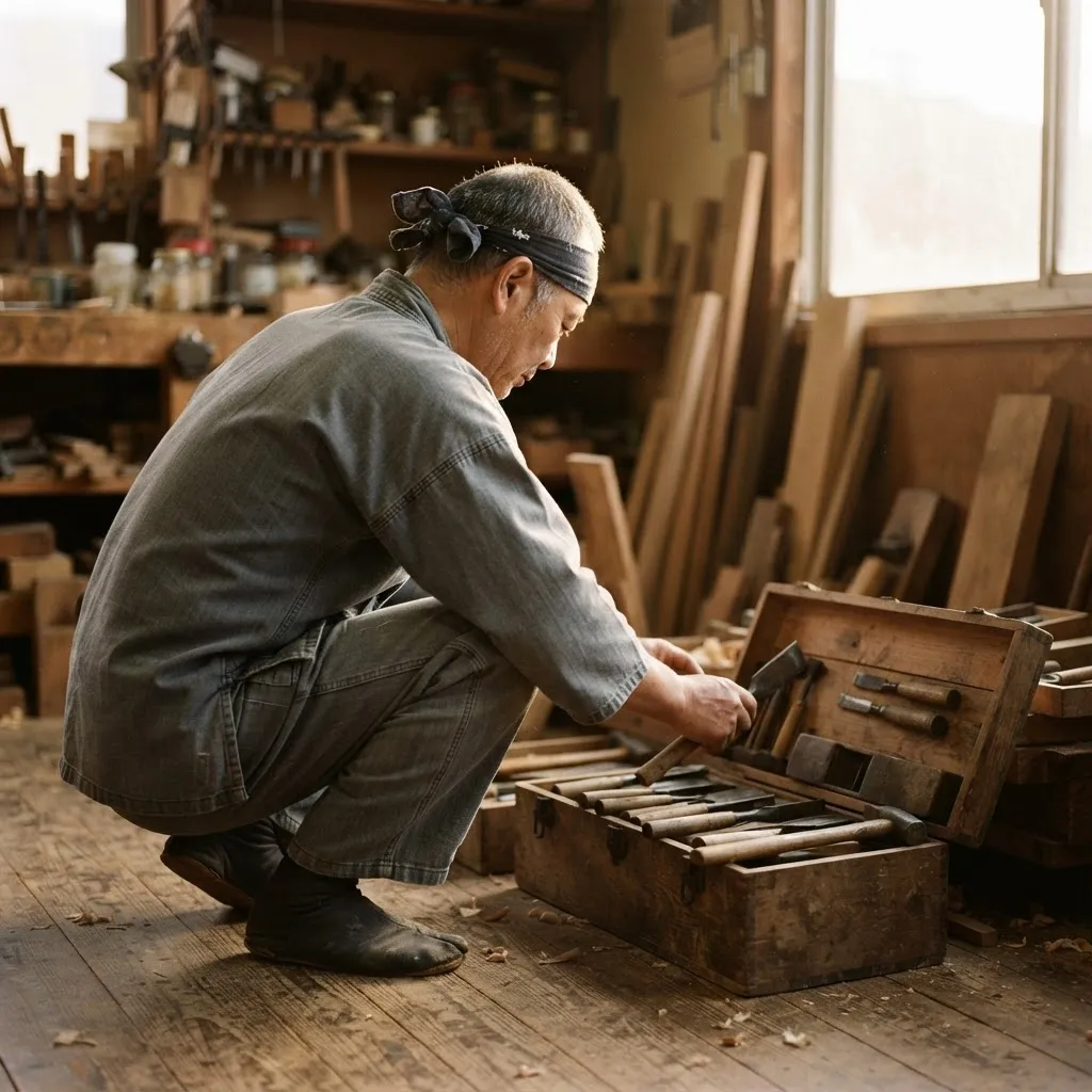 道具箱の前にしゃがむ黒田。夕方の柔らかな逆光の中での作業風景