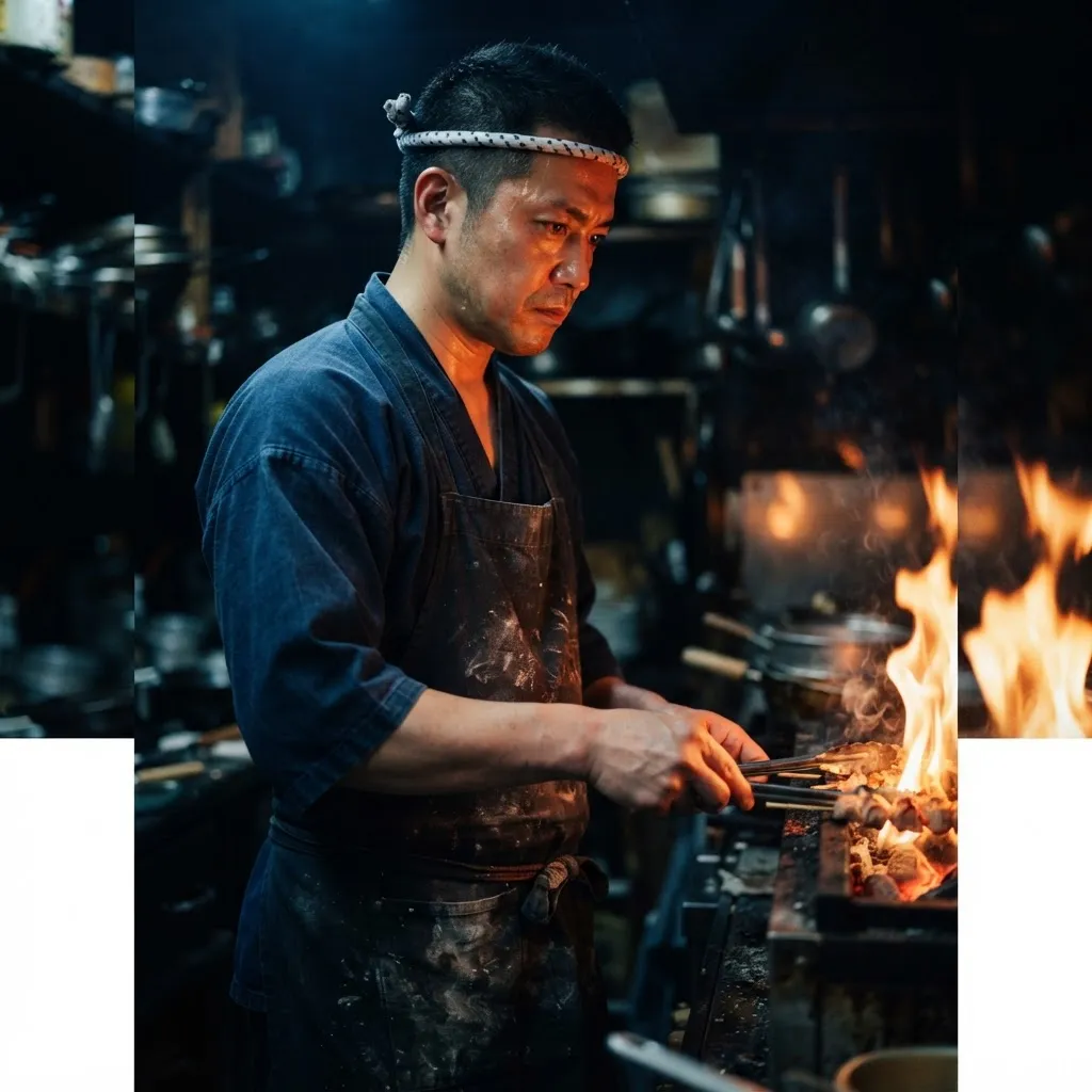 店主の縦構図ポートレート。カメラ目線は避け、視線は火のほうへ。上半身、腰から上。エプロンに焦げ跡と粉。背景は暗い厨房で、顔の右側だけに窯の光が当たる。笑顔にしない。真剣だが険しくない表情。