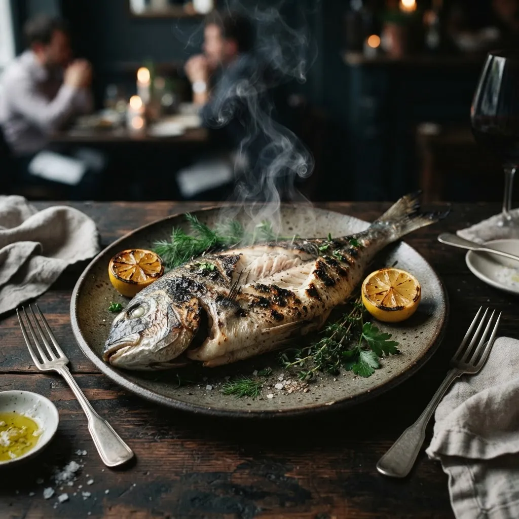 大皿にのった魚一尾の丸焼き。皮に焦げの斑があり、身が割れて湯気が立っている。斜め45度、やや高い位置から。周囲にレモン半切とフォーク2本を置き、「二人で分ける」ことが伝わる状態にする。