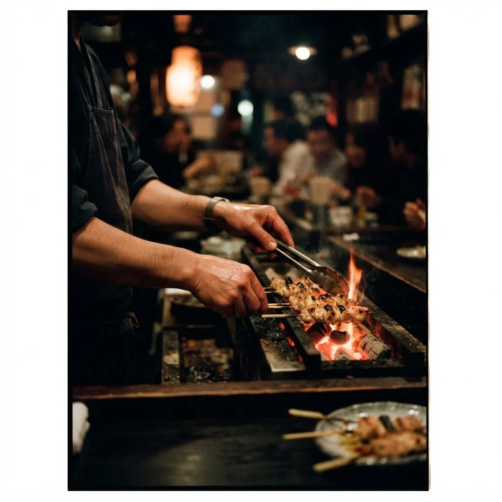 夜のカウンター越しに、焼き手の手元だけを撮る。顔は写さず、トングと火の光と腕まで。背後の客席は溶けたボケ。