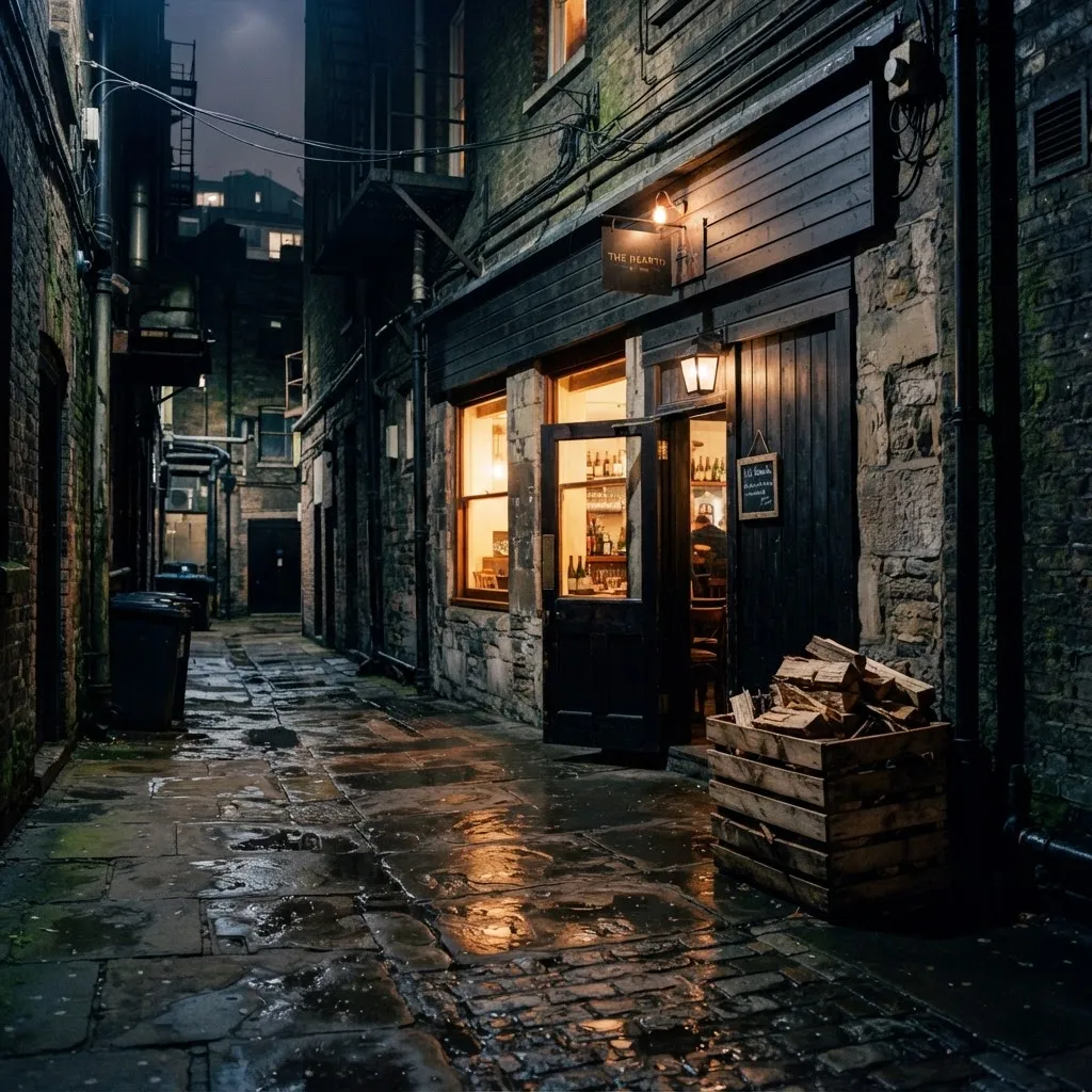 夜の店の外観を路地から。入口の脇に薪を積んだ木箱。窓から漏れる暖色の光と、濡れた路面の反射。通行人は入れない。看板の文字は小さく、読めるか読めないかの大きさ。