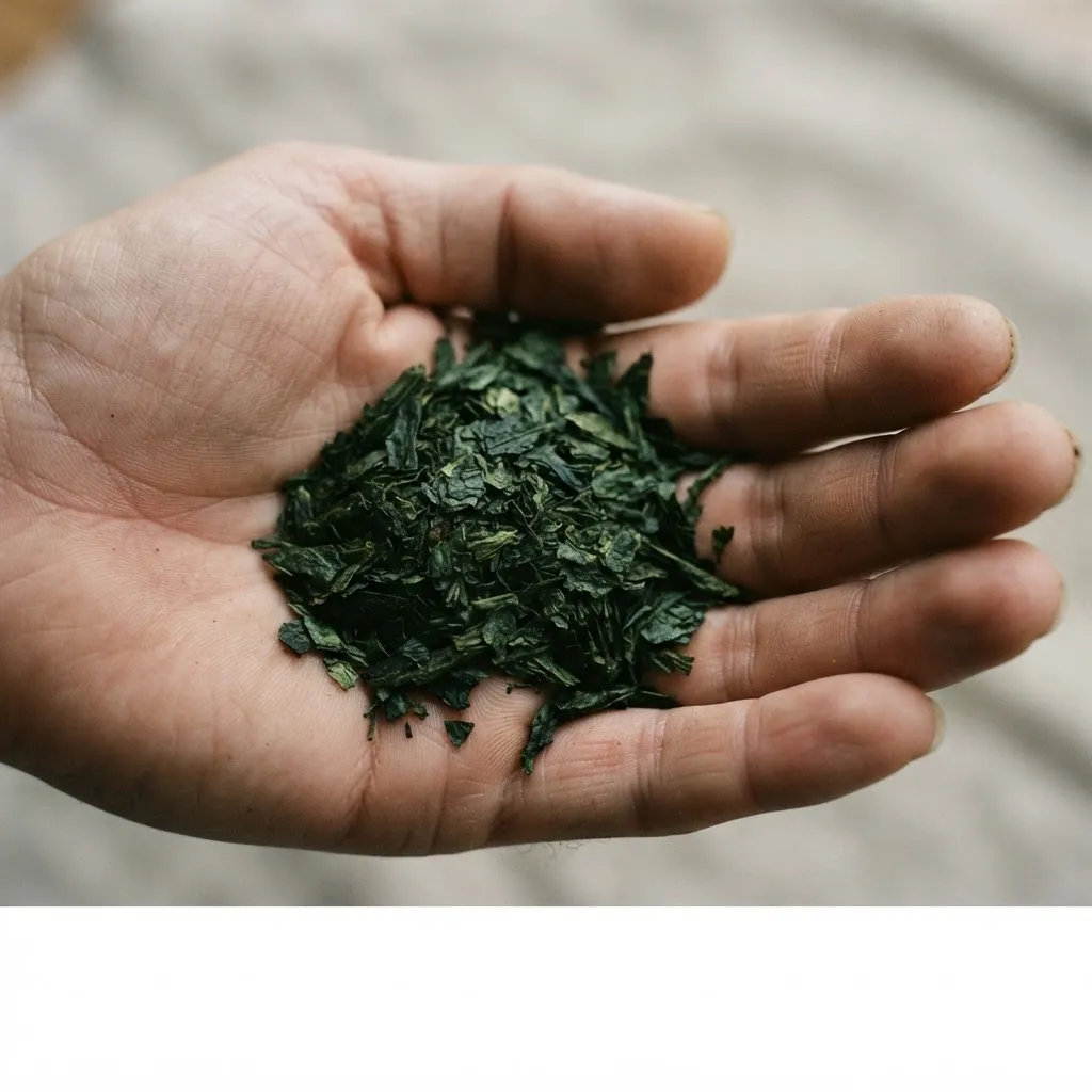 手のひらに乗せた碾茶の茶葉の接写。乾いた質感と深い緑。