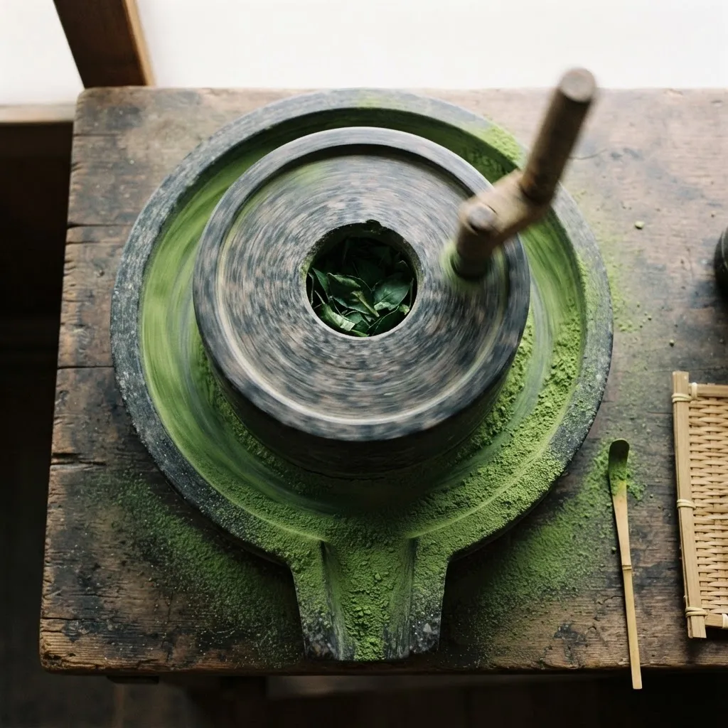 回転する石臼を真上から。挽かれた抹茶の粉が縁からわずかに溢れる瞬間。