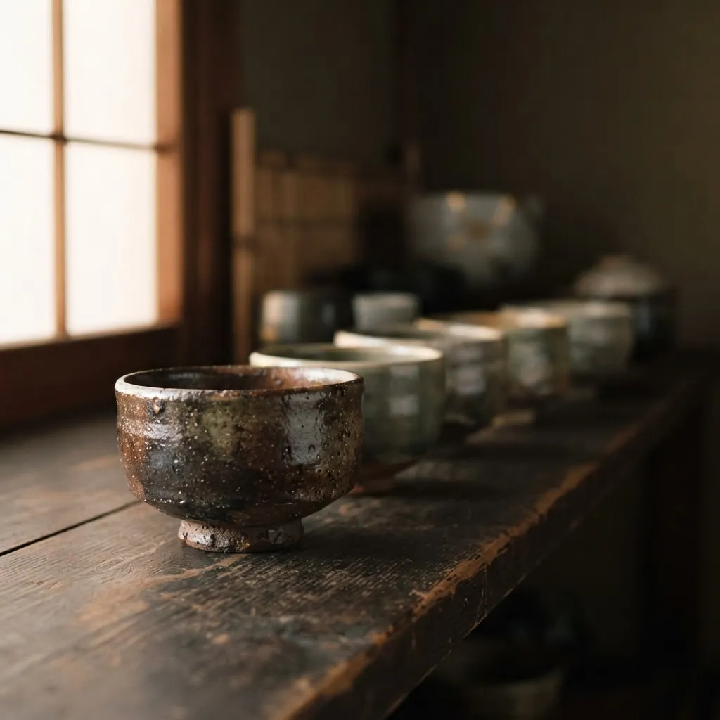 木の棚に並んだ茶碗を浅い被写界深度で。手前にピント、奥はぼける。