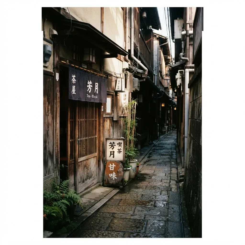 路地から見た店の引き戸と小さな木の看板。人一人分の路地の奥行き。