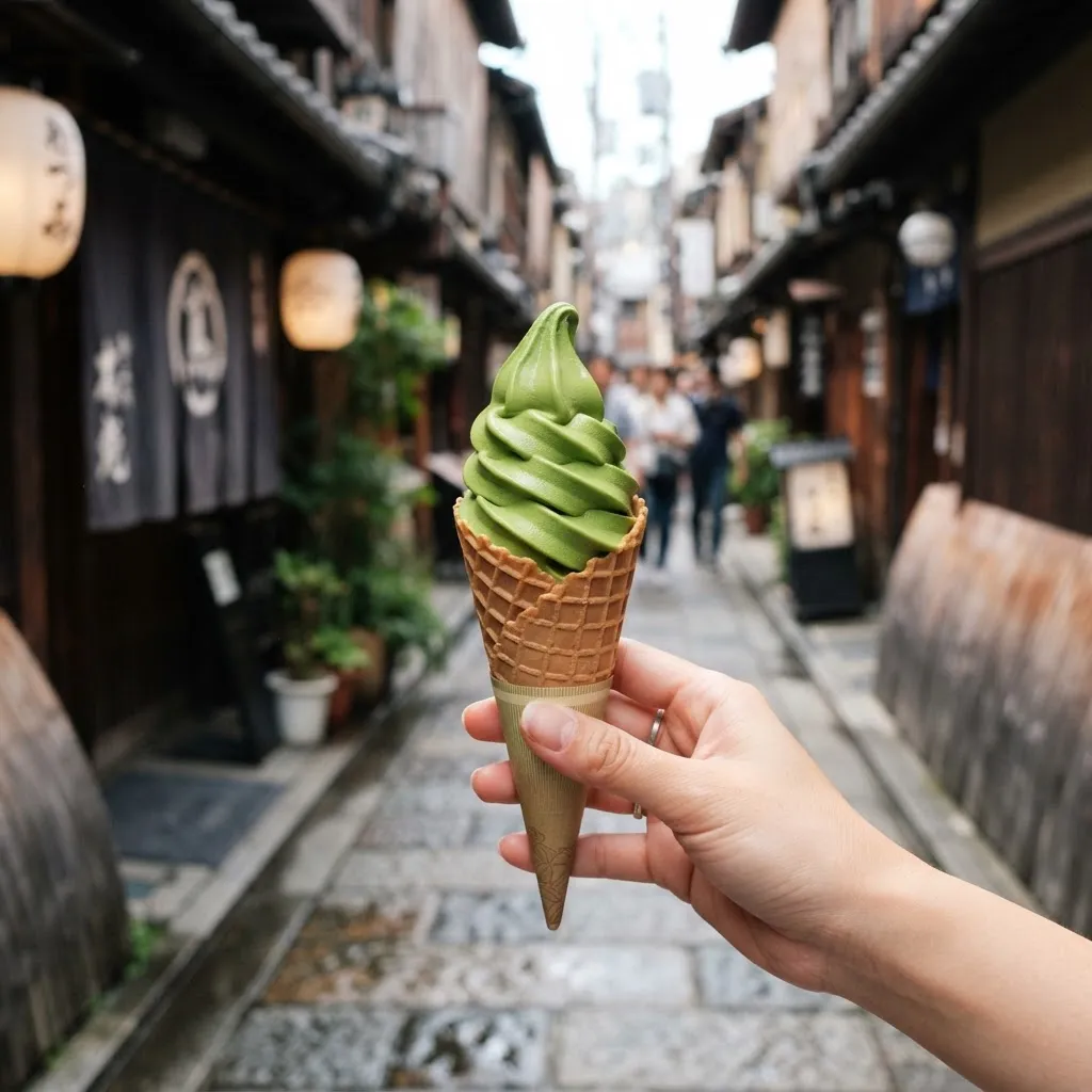 抹茶ソフトを持った手を路地を背景に。テイクアウトの気軽さと、鮮やかな抹茶の緑。