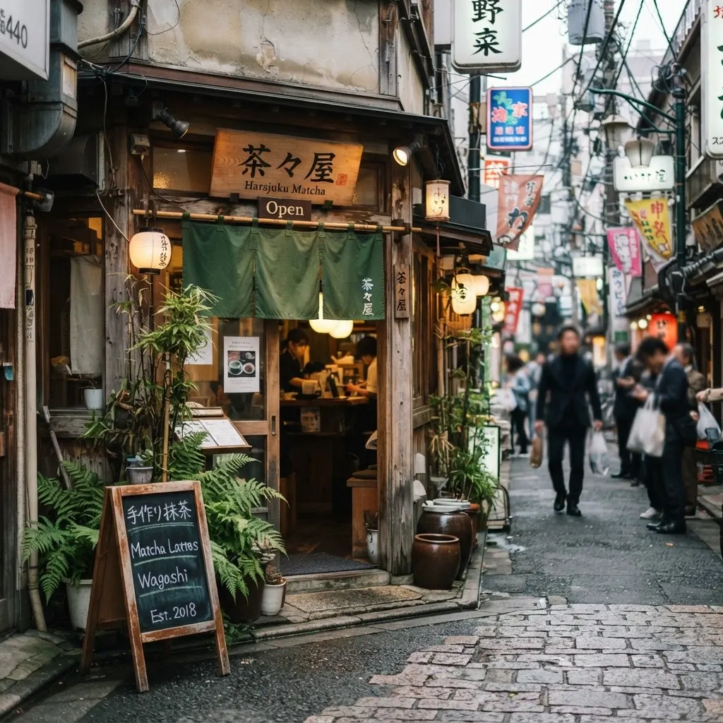 原宿の路地に佇む蒼碧の小さな看板と暖簾。