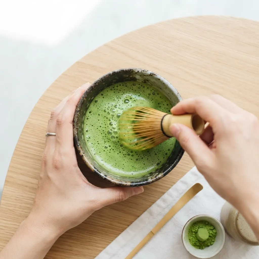 茶筅で鮮やかな緑の抹茶を点てる手元。泡が立ち上がる瞬間。