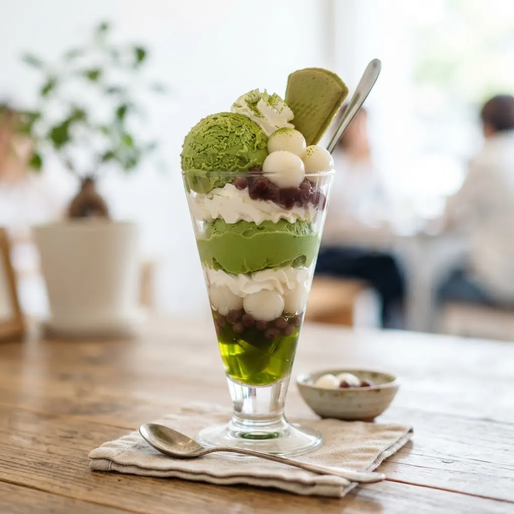 層が美しい蒼碧パフェの断面。