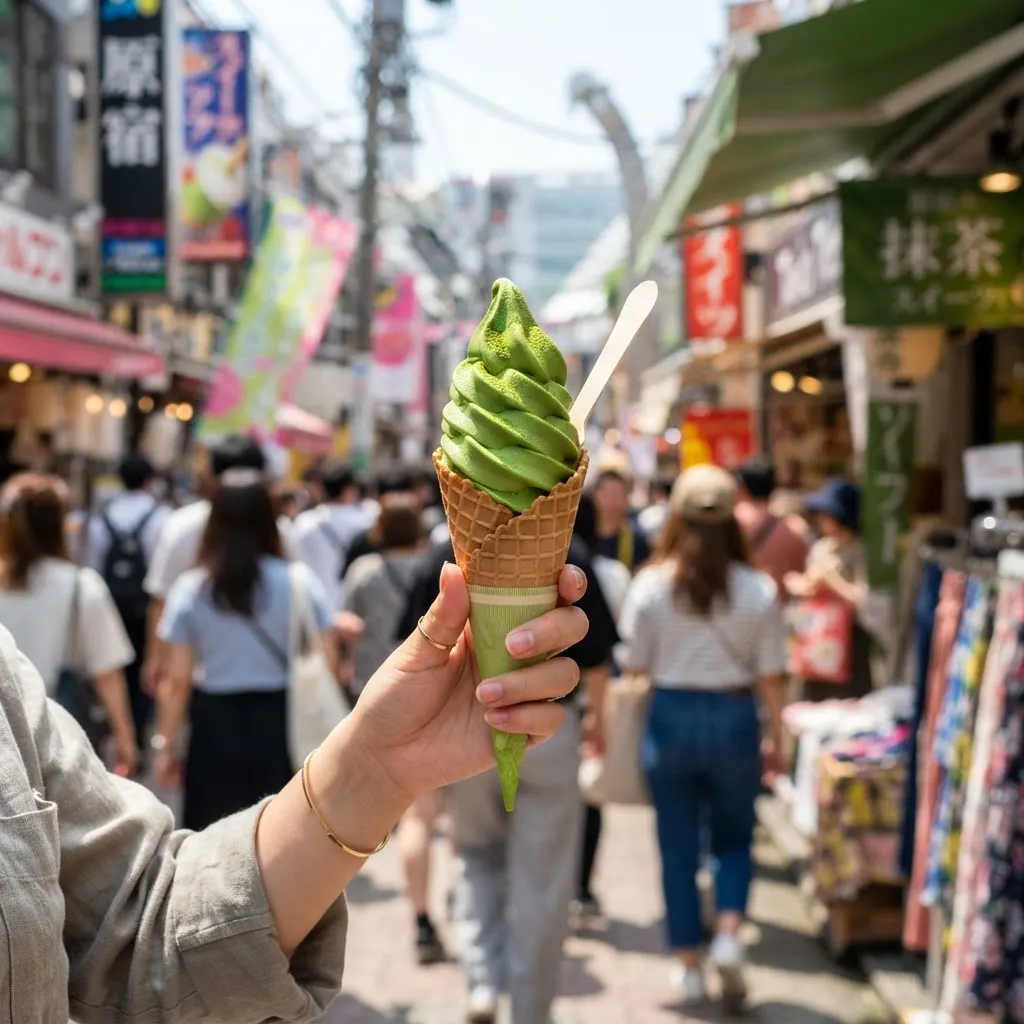 原宿の街並みを背景にした抹茶ソフトクリーム。