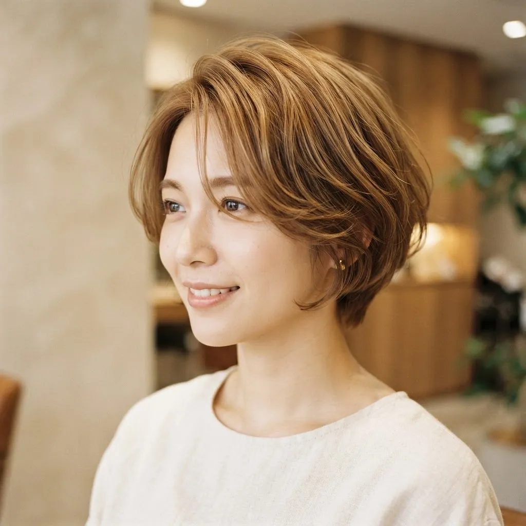 顔まわりのレイヤーが軽やかなショートスタイル