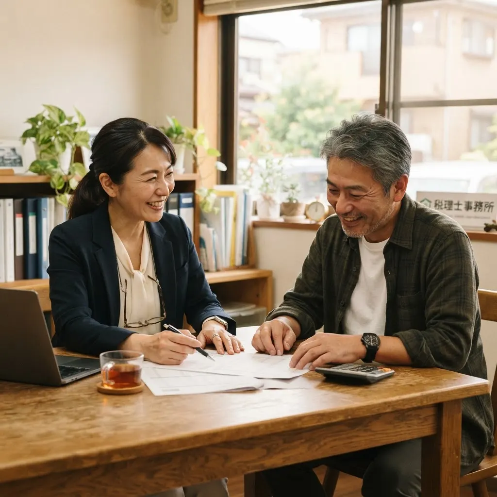 事務所内で税理士が事業主のお客様と資料を確認しながら相談している様子
